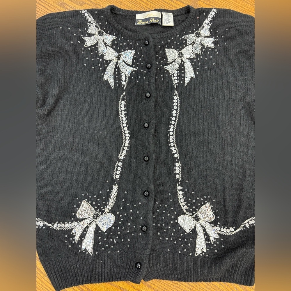 VTG Dana Scott Cardigan Christmas Sweater Black Silk Wool Angora Blend Women’s M - Picture 8 of 14
